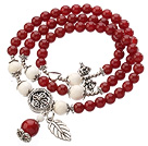 Pretty Three Strands A Grade Round Carnelian Beads Bracelet with White Sea Shell and Leaf Accessory