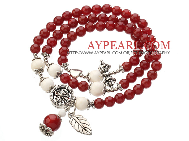 Pretty Three Strands A Grade Round Carnelian Beads Bracelet with White Sea Shell and Leaf Accessory