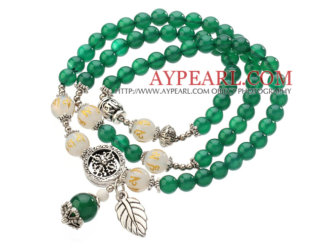 Pretty Tre Strands A Grade runda grön agat pärlor armband med vit agat och Tibet Silver Tillbehör