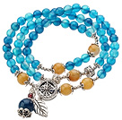 Pretty Three Strands Round Blue Agate Beads Bracelet with Yellow Jade and Tibet Silver Accessory