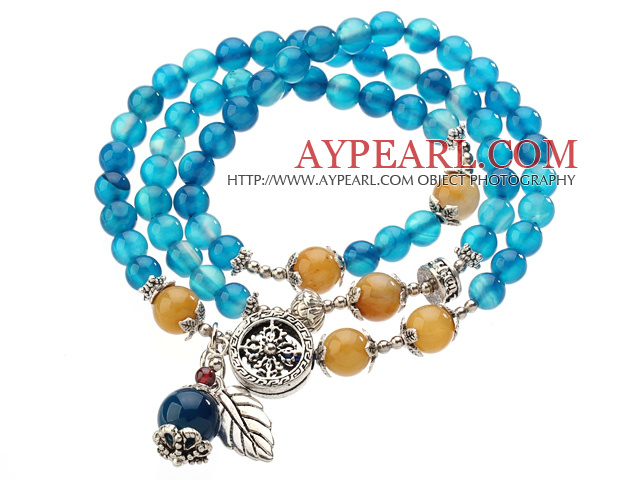 Pretty Three Strands Round Blue Agate Beads Bracelet with Yellow Jade and Tibet Silver Accessory