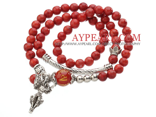 Pretty Three Strands Round Coral Beads Bracelet with Carnelian and Tibet Silver Accessory