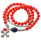 Pretty Three Strands Round Coral Beads Bracelet with Lapis Beads and Amulet Accessory