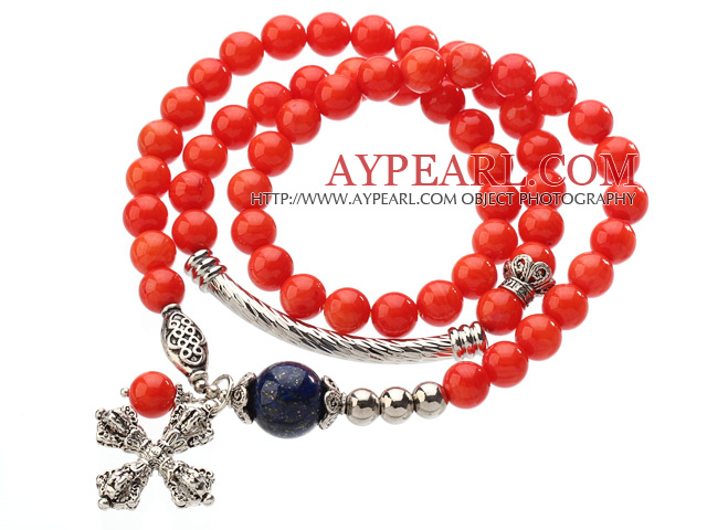 Pretty Three Strands Round Coral Beads Bracelet with Lapis Beads and Amulet Accessory