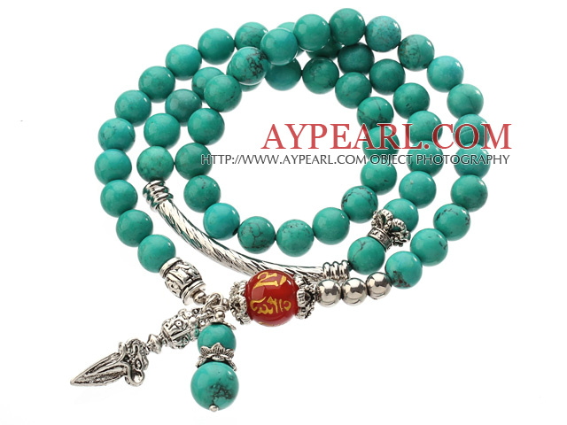 Pretty Three Strands Round Green Turquoise Beads Bracelet with Carnelian and Amulet Accessory