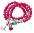 Pretty Three Strands Round Rose Color Aagte Beads Bracelet with Turquoise and Amulet Accessory