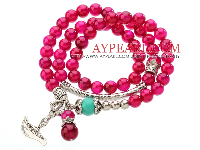 Pretty Three Strands Round Rose Color Aagte Beads Bracelet with Turquoise and Amulet Accessory