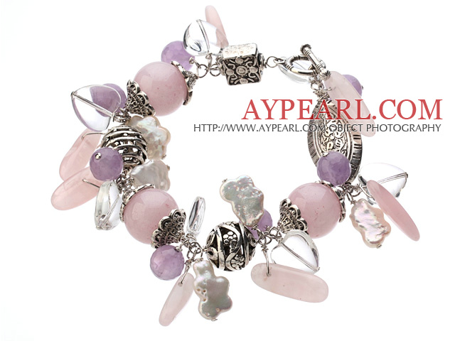 Vintage Style Heart Shape Clear Crystal Rose Quartz Amethyst Tibet Silver Accessory Charm Bracelet With Toggle Clasp