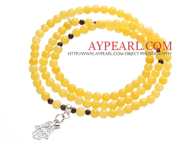Fashion Design Multi Strands Round Bright Yellow Jade Beads Amulet Bracelet With Metal Charm