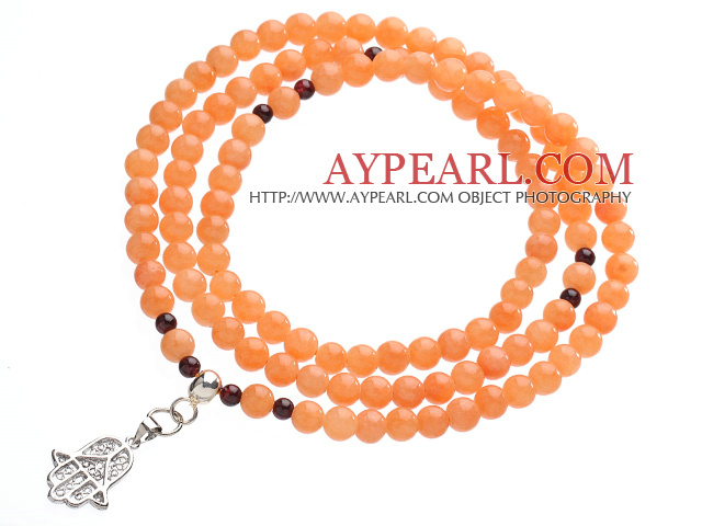 Classic Design Multi Strands Round Orange Jade Beads Amulet Bracelet With Metal Charm