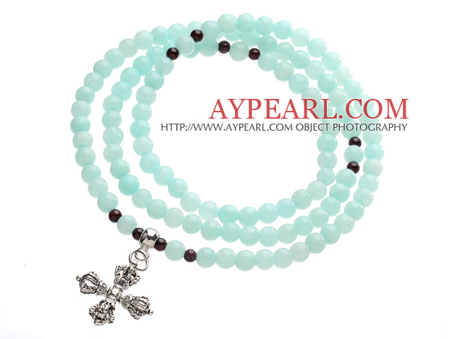 Classic Design Multi Strands Round Light Blue Jade Beads Amulet Bracelet With Metal Cross Charm