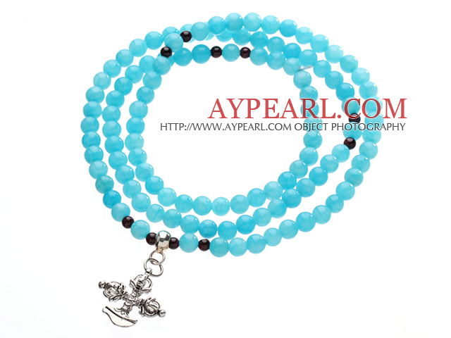 Classic Design Multi Strands Round Blue Jade Beads Amulet Bracelet With Metal Cross Charm