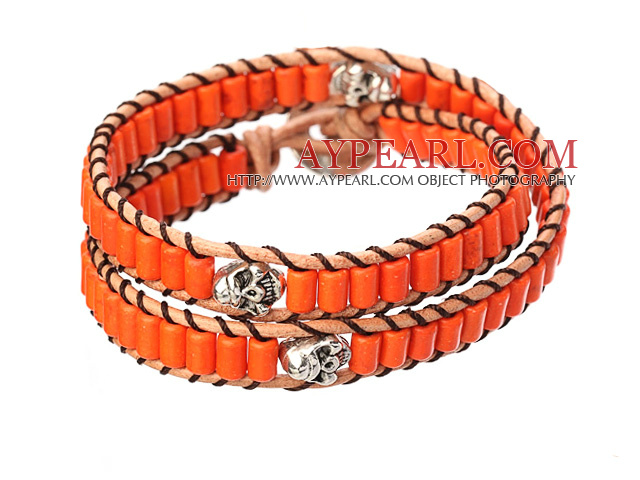 Populära Style Double Strands orange färg Cylinder Form Turkos Brown Leather Woven Wrap Bangle Armband