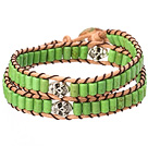 Popular Style Double Strands Green Color Cylinder Shape Turquoise Brown Leather Woven Wrap Bangle Bracelet With Metal Skull Head