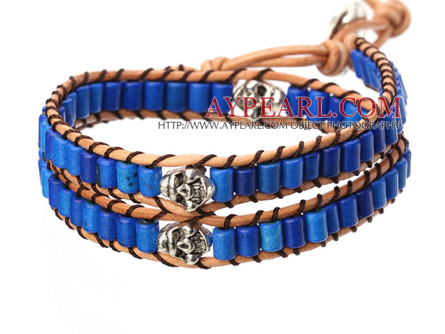 Popular Style Double Strands Cylinder Shape Deep Blue Turquoise Brown Leather Woven Wrap Bangle Bracelet With Metal Skull Head