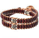 Popular Style Double Strands Cylinder Shape Chocolate Color Turquoise Brown Leather Woven Wrap Bangle Bracelet With Metal Skull Head
