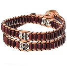 Populära Style Double Strands Cylinder Shape ChokladfärgTurkos Brown Leather Woven Wrap Bangle Armband med Metal Skull Head