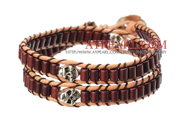 Populære stil Double Strands Cylinder Shape Sjokolade farge Turkis Brun Leather Woven Wrap Bangle armbånd med Metal Skull Hode