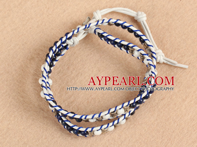 Trendy Style Popular Double Strands Round Natural Lapis And Howlite Beads White Leather Woven Wrap Bangle Bracelet With Metal Accessory