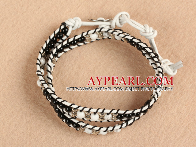 Trendig stil Populära Dubbel Strands Rund svart agat och Howlite Pärlor vitt läder Woven Wrap Bangle Armband med Metal tillbehör