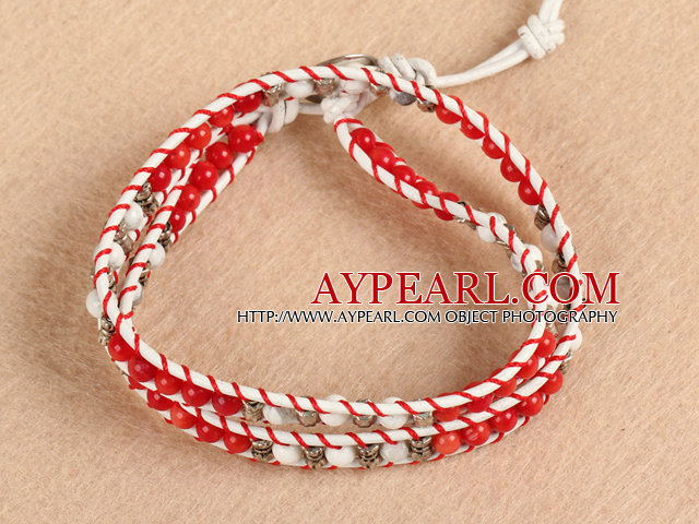 Trendy Style Popular Double Strands Round Red Coral And Howlite Beads White Leather Woven Wrap Bangle Bracelet With Metal Accessory