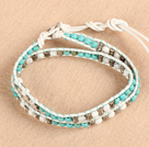 Wholesale Trendy Style Popular Double Strands Round Blue Turquoise And Howlite Beads White Leather Woven Wrap Bangle Bracelet With Metal Accessory