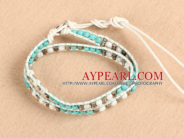 Trendy Style Popular Double Strands Round Blue Turquoise And Howlite Beads White Leather Woven Wrap Bangle Bracelet With Metal Accessory