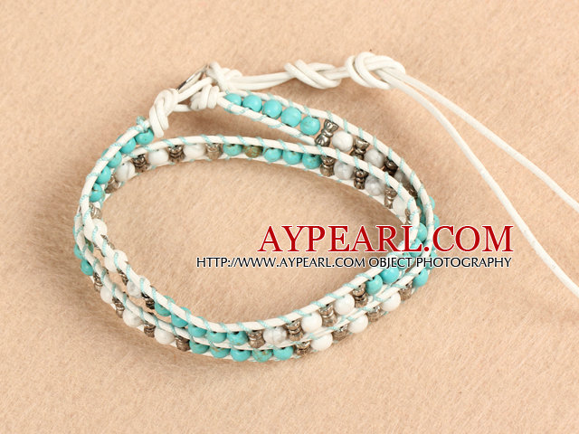 Trendy stil Populære dobbelt garn Round blå turkis Og Howlite Perler hvitt skinn Woven Wrap Bangle armbånd med Metall tilbehør