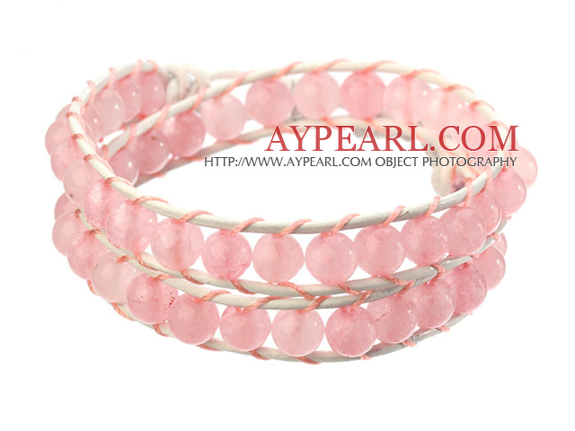 Beautiful Double Strands 6mm Round Rose Quartz Beads White Leather Woven Wrap Bangle Bracelet