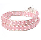 Wholesale Beautiful Double Strands 6mm Round Pink Jade Beads White Leather Woven Wrap Bangle Bracelet