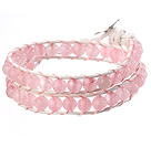 Vackra Dubbel Strands 6mm Round Pink Jade Pärlor vitt läder Woven Wrap Bangle Armband