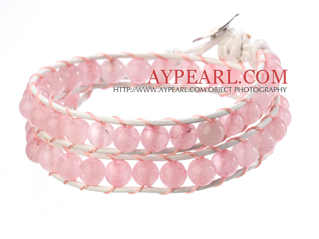 Beautiful Double Strands 6mm Round Pink Jade Beads White Leather Woven Wrap Bangle Bracelet