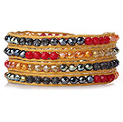 Amazing Fashion Multi Strands Red Crystal Beads Woven Wrap Bangle Bracelet With Brown Wax Thread