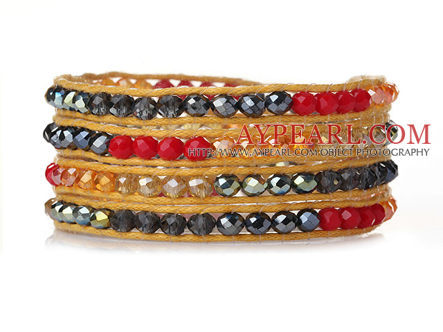 Fantastiska Fashion Multi Strands Red Crystal och gyllene färg Koppar Pärlor Woven Wrap Bangle Armband med Brown Wax Tråd