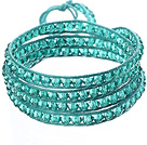 Wholesale Amazing Fashion Multi Strands Lake Blue Crystal Beads Woven Wrap Bangle Bracelet With Lake Blue Wax Thread