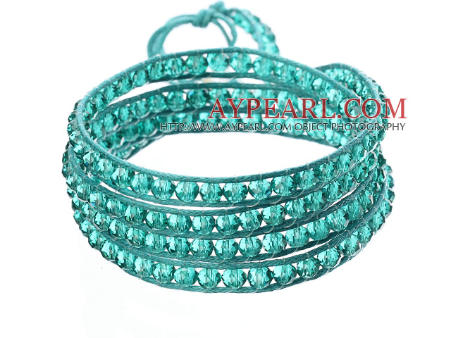 Amazing Fashion Multi Strands Lake Blue Crystal Beads Woven Wrap Bangle Bracelet With Lake Blue Wax Thread