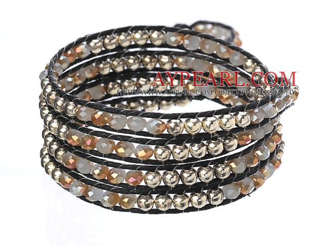 Fantastiska Fashion Multi Strands Crystal och legerat Pärlor Woven Wrap Bangle Armband med svart vax tråd