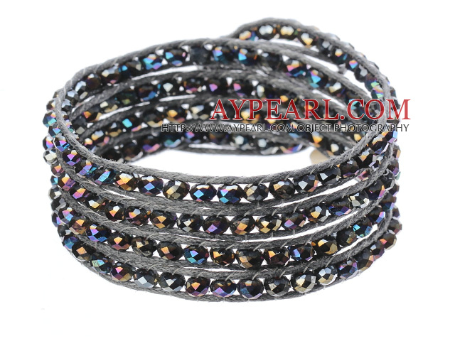 Fantastiska Fashion Multi Strands Svart med färgglada kristall pärlor Woven Wrap Bangle Armband med grå Wax Tråd