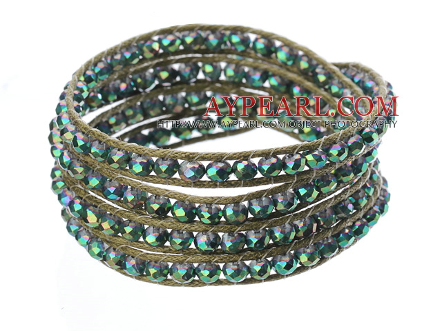 Amazing Fashion Multi Strands Green med fargerike krystall perler Woven Wrap Bangle armbånd med Shell Clasp
