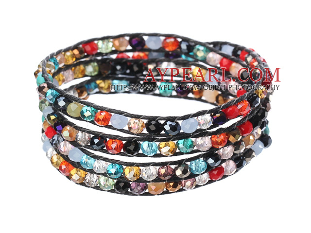 Amazing Fashion Multi Strands Multi Color Crystal Woven Wrap Bangle Bracelet With Black Wax Thread