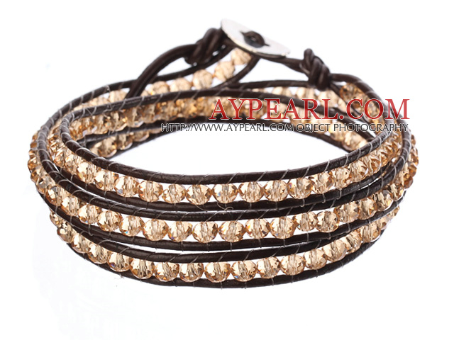 Amazing Fashion Multi Strands Indipink Crystal Beads Brown Leather Woven Wrap Bangle Bracelet