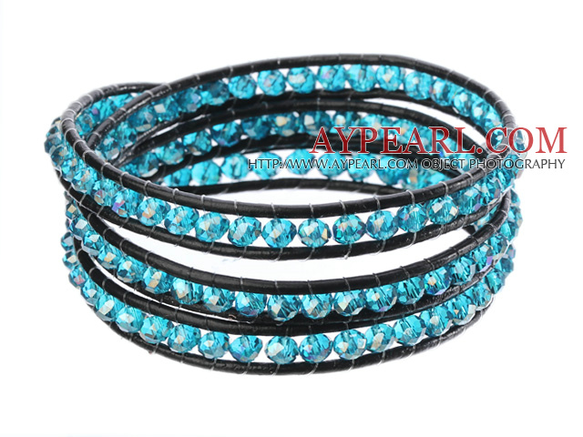 Amazing Fashion Multi Strands Blue Crystal Beads Black Leather Woven Wrap Bangle Bracelet With Metal Clasp