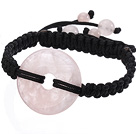 Trendy Style Big Donut Shape Rose Quartz Black Thread Woven Adjustable Drawstring Bracelet