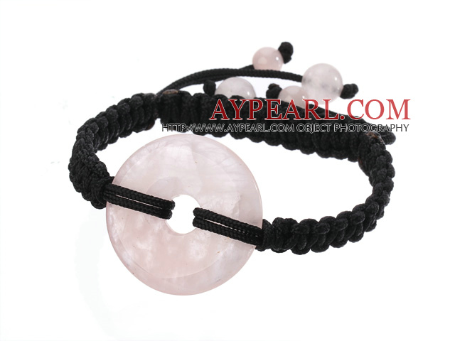 Trendy style Forme Big Donut Quartz Rose Noire fil tressé Bracelet cordon réglable