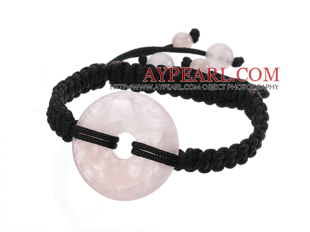 Trendy Style Big Donut -Form Rosenquarz schwarz Gewinde Gewebte Kordelzug Armband