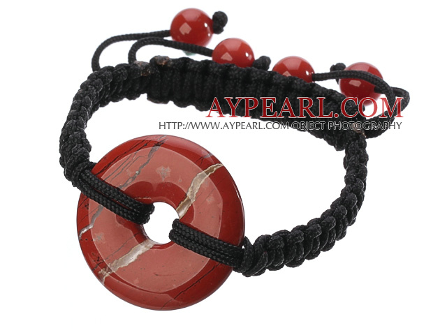 Trendy Style Big Donut Shape Red Jasper Black Thread Woven Adjustable Drawstring Bracelet