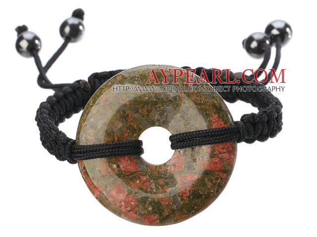 Trendy Style Big Donut Shape Green Piebald Stone Black Thread Woven Adjustable Drawstring Bracelet