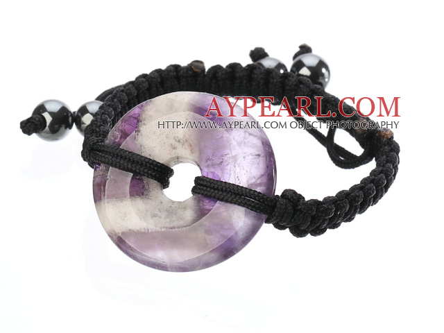 Trendy Style Big Donut Shape Multi Color Amethyst Black Thread Woven Adjustable Drawstring Bracelet