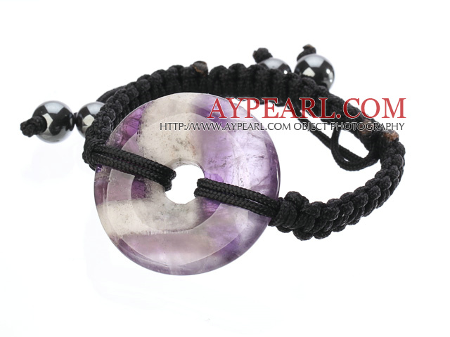 Trendy stil Big Donut Shape Multi Color Amethyst Svart tråd vevd justerbar snor armbånd