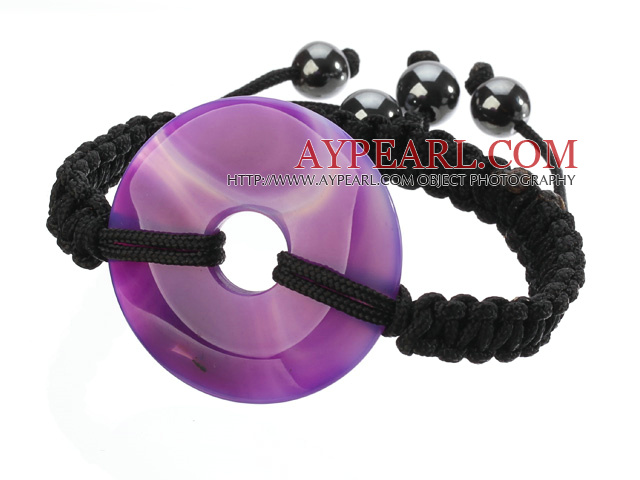 Trendikäs tyyli iso donitsi muoto Purple Akaatti Musta punottu lanka säätönyöri rannerengas